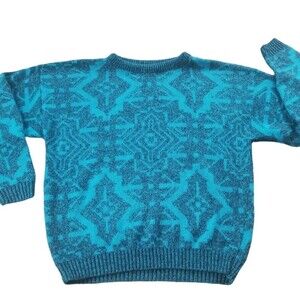 Vintage LE TIGRE Sweater Coogi Style Knit Teal‎ Blue Pullover MEDIUM